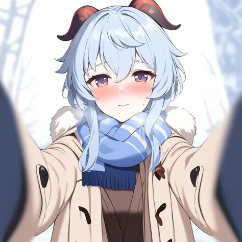 anime girl with horns and a scarf in a snowy forest