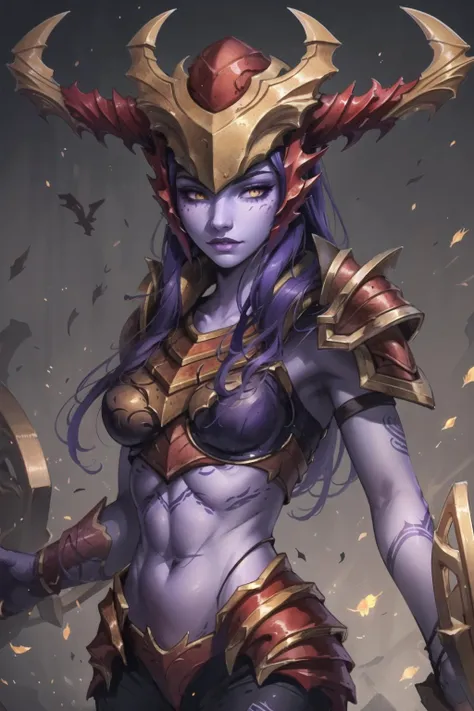 a woman with purple hair and armor holding a sword