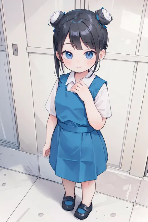 anime girl in blue dress standing in front of lockers