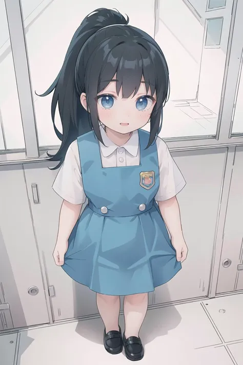 anime girl in blue dress standing in front of a window