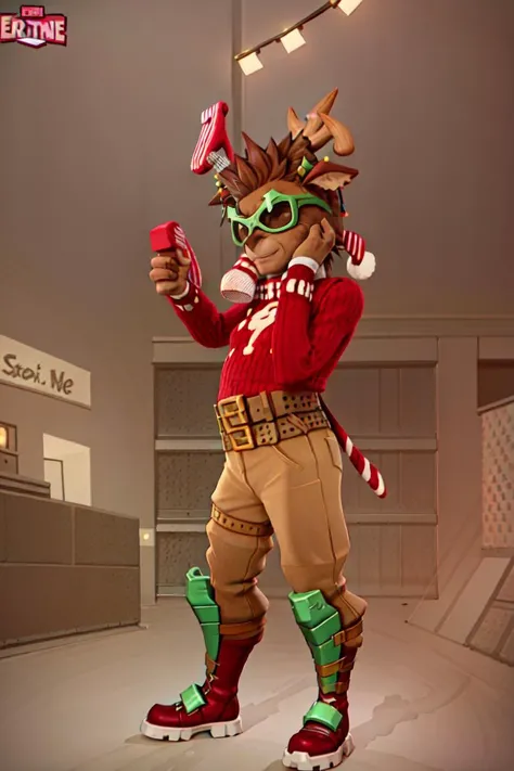 <lora:Fortnite_Dolph:0.5>, Fortnite_Dolph, Fortnite_Dolph, Novelty Glasses, Christmas Sweater, Belt, Christmas Stocking, Christmas Lights, Candycane, Pistol Holster, Christmas Ball Ornament, Khaki Pants, Shin Guards, Boots, volumetric lighting, (((heroic p...