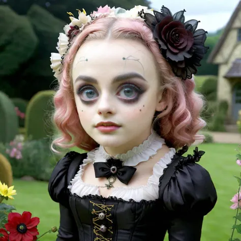 a close up of a doll with pink hair and a black dress