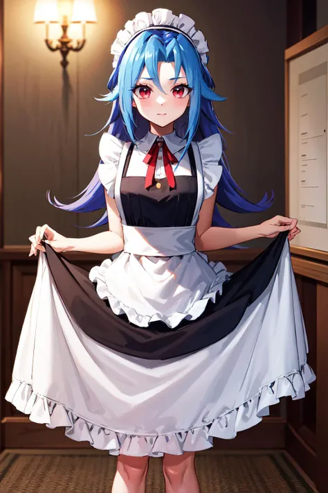 masterpiece, best quality, highres, kr1, multicolored hair, dyed bangs, maid headdress, maid, maid apron, <lora:kamishiro_rio_v1:0.7>, cowboy shot, standing, indoors, skirt hold,