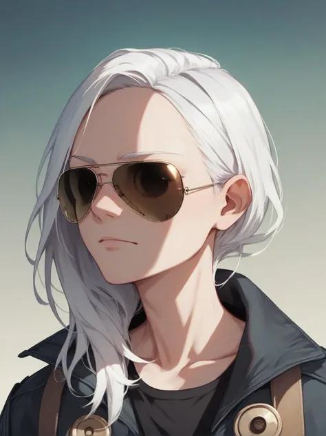 a woman with white hair and sunglasses standing in front of a blue sky