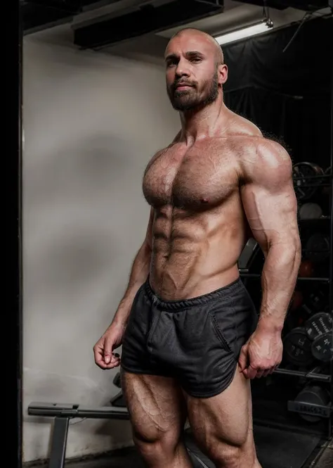 handsome man juliant, (bald:1.2) (bushy beard:1.2)full body, studio portrait, (clean plain flat black background:1.1), high key lighting, dramatic, sexytrainer, shirtless, shorts,  sneakers body hair, muscular, nsfw, erotic, masterpiece, 8k, hairy,deep ski...