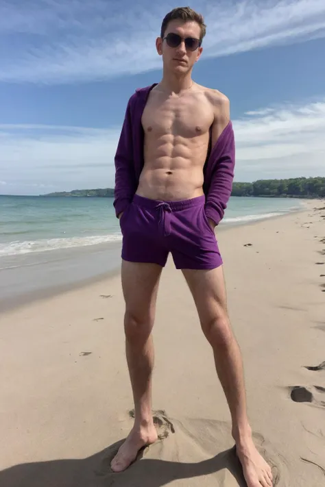 full body portrait, twink man, shirtless, purple shorts, sunglasses, on the beach