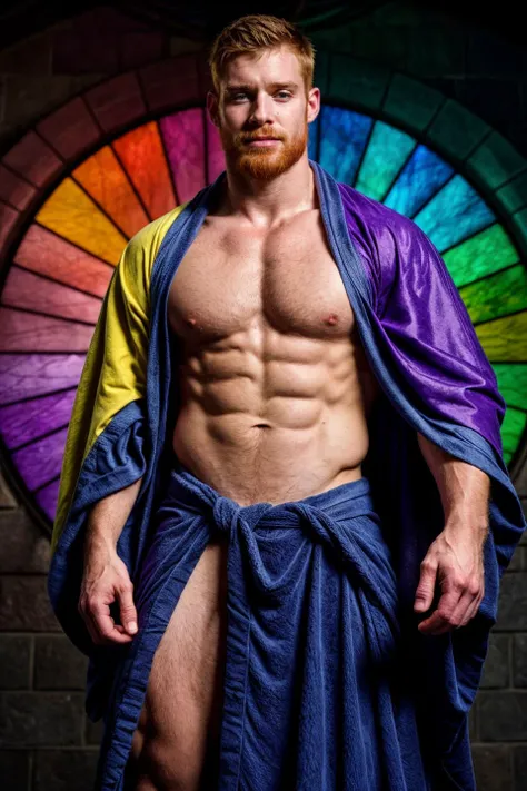 (handsome young cleric conjuring magic), facial hair, (shirtless), (intricate robes of many colors), swirling robes, best quality, absurdres, masterpiece, light particles, stained glass, realistic face, realistic skin, (skin pores:1.2), (bodybuilder), ging...