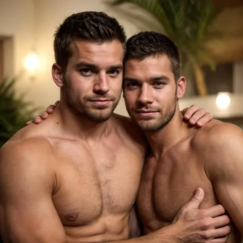 portrait, cinematic, extreme closeup, face only, boyfriends, 2 men, two young men, brazilian, nordic, looking each others, plain face, broken nose, shallow depth of field, bokeh, facial hair, wide face, strong chin, soft lighting, evening, body hair, messy...