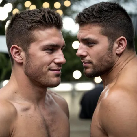 portrait, cinematic, extreme closeup, face only, boyfriends, 2 men, two young men, brazilian, nordic, looking each others, plain face, broken nose, shallow depth of field, bokeh, facial hair, wide face, strong chin, soft lighting, evening, body hair, messy...