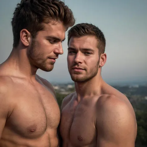 portrait, cinematic, extreme closeup, face only, boyfriends, 2 men, two 25 years old men, brazilian, nordic, looking each others, plain face, broken nose, shallow depth of field, plain background, facial hair, wide face, strong chin, soft lighting, evening...