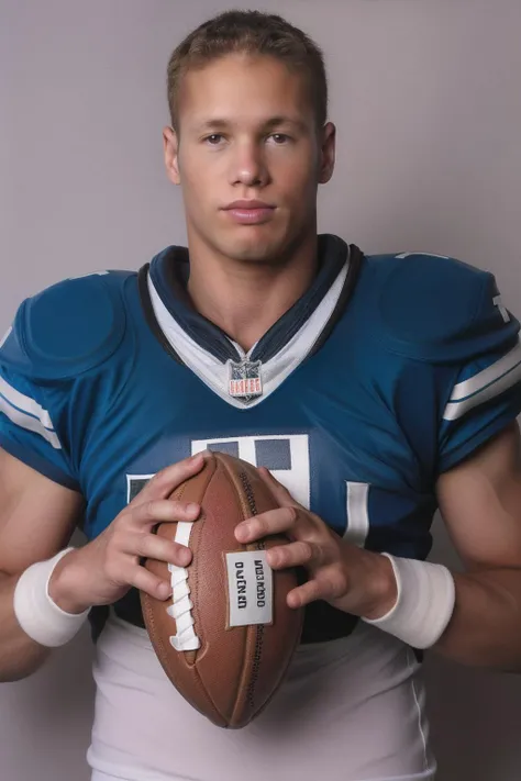 photo of matthew_rush <lora:matthew_rush-07:0.75> posing in front of a simple background, wearing a football uniform with shoulder pads and wristbands, holding a football, looking at the camera, soft directional lighting, shot by Annie Leibovitz