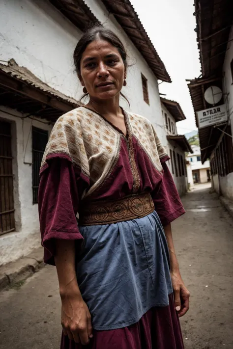 analog film, upper body photo of a beautiful Bolivian woman on the streets of old Bolivian, faded film, desaturated, 35mm photo, vintage, stained, highly detailed, found footage, Holga 120n, film grain, vignette, 
,(intricate details), (hyperdetailed), 8k ...