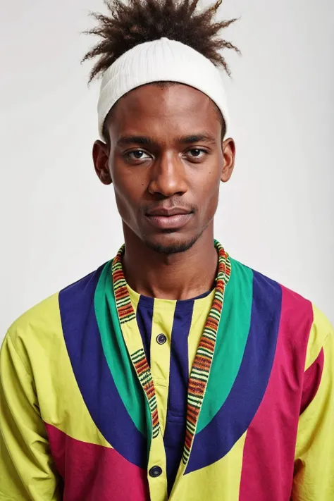 Benetton ad, commercial, white background, highly detailed african man wearing colorful clothes