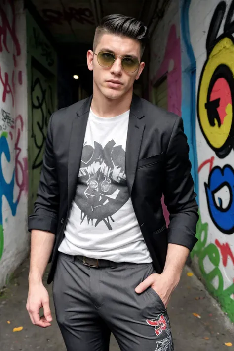 arafed man in a suit and sunglasses standing in a graffiti covered alley