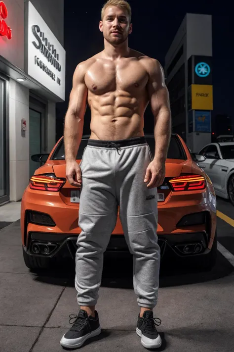 masterpiece, best quality, chiseled features, blonde, buzzed hair, hunky, Russian, shirtless, (sagging pants:1.1), bulge, sneakers, standing in front of a [bmw m3 : honda nsx 1990s], neon street, city, night city, after rain, bloom, raw, 4k, hdr, cinematic...