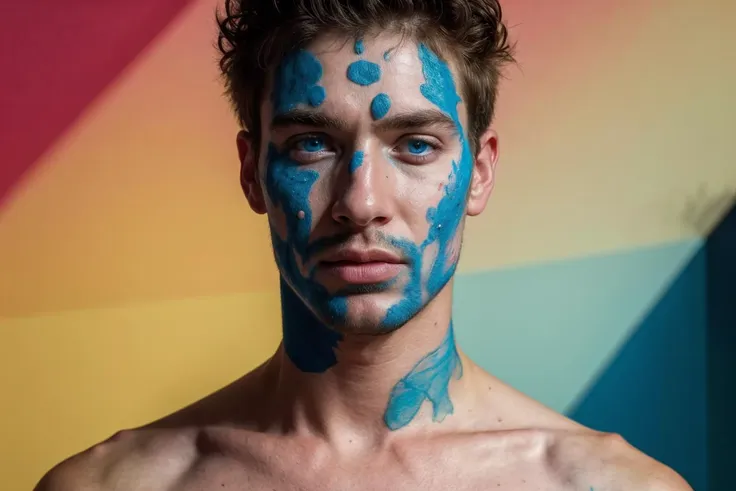 arafed man with blue paint on his face and chest