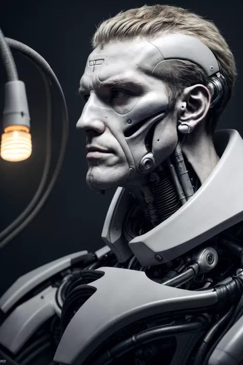 complex 3d render ultra detailed of a handsome porcelain profile man android face, cyborg, robotic parts, 150 mm, beautiful studio soft light, rim light, vibrant details, luxurious cyberpunk, lace, hyperrealistic, anatomical, facial muscles, cable electric...