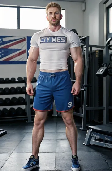 Masterpiece, (full body:1.2), photo of chrisevans person, (muscular:1.3),(no beard: 1.2) (blonde hair:1.2) (gym shorts, t-shirt, shoes:1.2),  in a gym, sweaty,8k UHD, realistic, realism, realistic skin, realistic eyes, high details, HDR, DSLR, natural ligh...