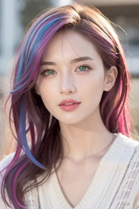 best quality, ultra high res, (photorealistic:1.4), (detailed beautiful girl:1.4), (medium breasts:0.8), looking_at_viewer, Detailed facial details, beautiful detailed eyes, (multicolored|blue|pink hair: 1.2), green eyes, slender, haunting smile, (makeup:0...