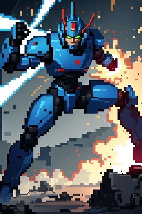 (masterpiece,best quality,absurdres,beautiful,aesthetic,detailed,cell shading),science fiction,mecha,laser,explosions,dynamic pose,helmet <lora:64x64v2:1.0>