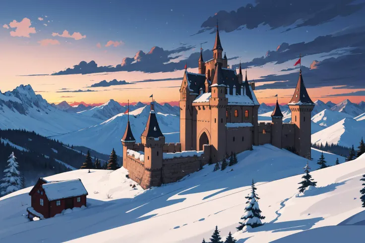 (masterpiece,best quality,absurdres,beautiful,aesthetic,detailed,cell shading),no humans,fantasy castle on a snowy mountain,sunset,snowflakes