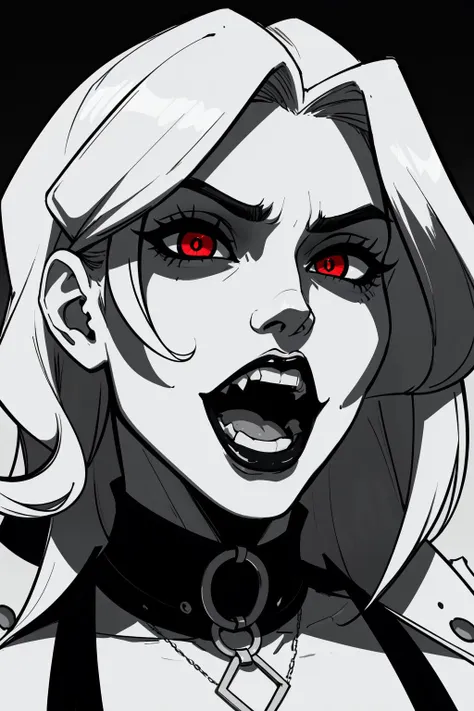 a drawing of a woman with red eyes and a collar