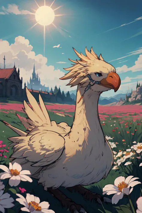 a bird standing in a field of flowers with a castle in the background