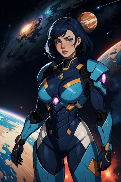 a woman in a blue and yellow suit standing in front of a planet