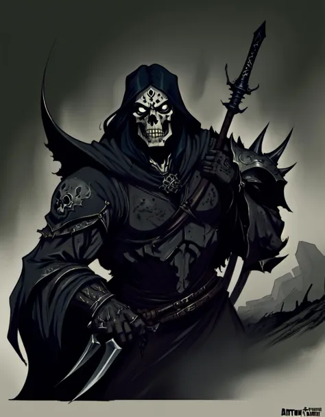 a drawing of a grim with a sword and a skull