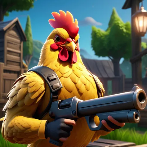 a close up of a chicken holding a gun in a game