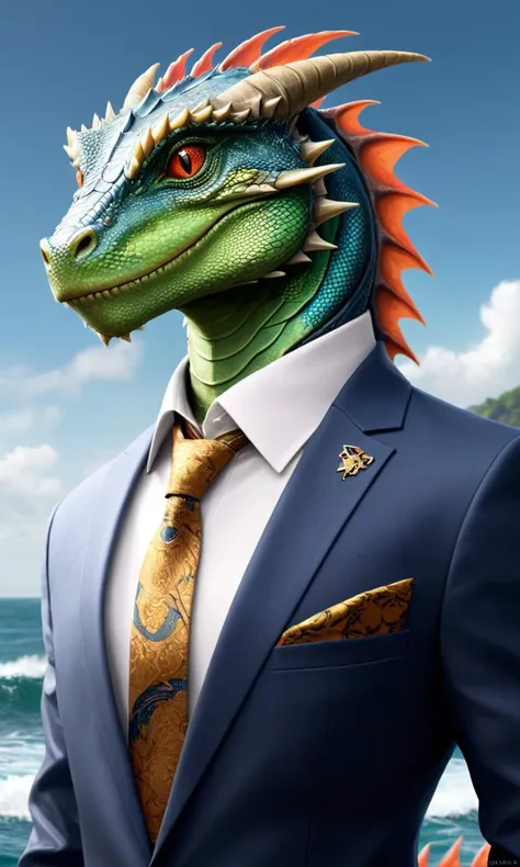 nautical-themed (ultrarealistic:1.3) <lora:animal p ffusion v2-ep2.4:1> there is a digital painting of a dragon wearing a suit, ...