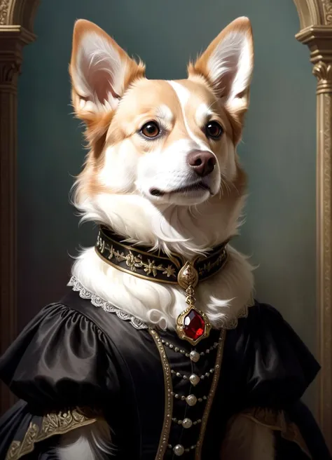 arafed dog dressed in a black and gold dress with a red jewel