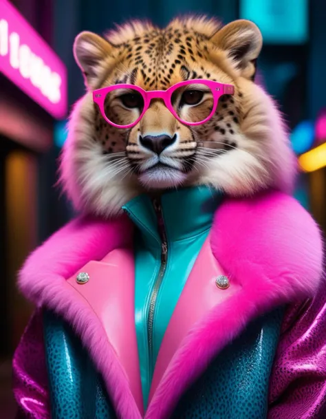 neon noir <lora:animal p ffusion (tx encoder):0.33> <lora:animal p ffusion-000002:1>araffe wearing glasses and a pink coat with ...