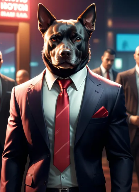 a close up of a dog wearing a suit and tie in a group of people