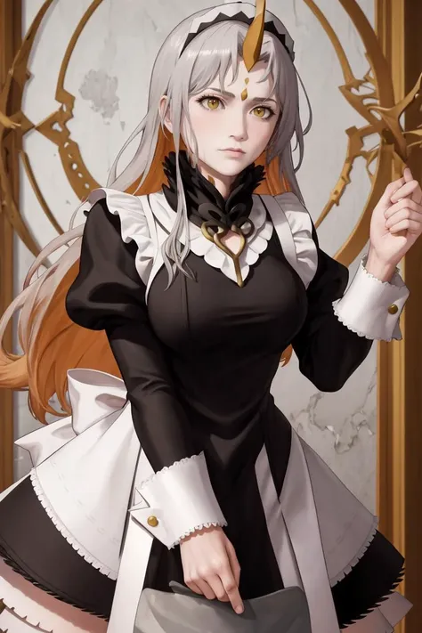 masterpiece, best quality, absurdres, <lora:gullveig-fe-richy-v1-000012:1>, gullveig, 1girl, solo, <lora:FEFatesMaid_v1:1>, fates maid, maid headdress, maid, maid apron, standing