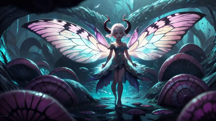 a woman with a butterfly wings standing in a forest