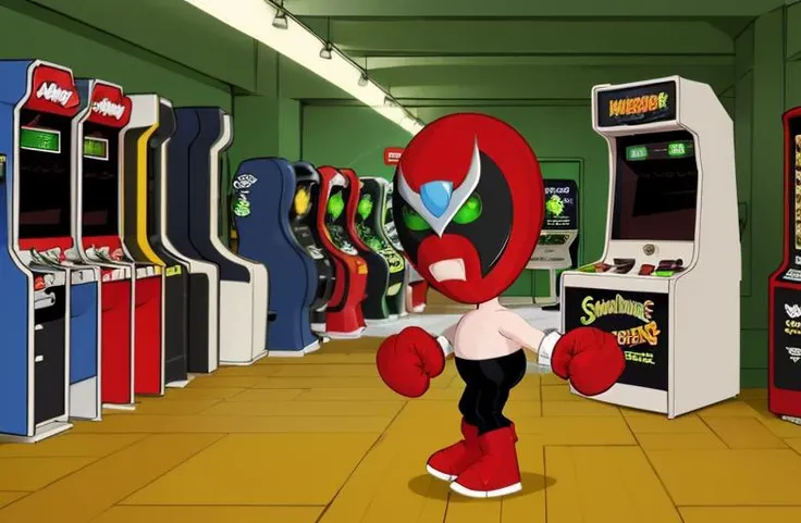 strongbad, lunchador, 1boy, solo, red mask, green eyes, boxing gloves, black pants, red boots, far away, distance, chibi,  indoors at an arcade with arcade cabinets, flat colours, illustration, raised glove, <lora:Strongbad-000013:1>