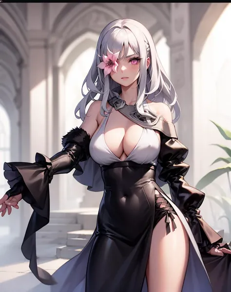 1girl,solo,dress,flower over eye,White hair,pink eyes,big breasts,kind look<lora:zero_(drag-on_dragoon):1.0><lyco:GoodHands-beta2:1.0>