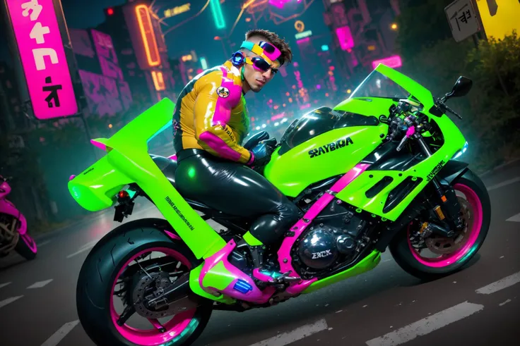 neon green motorcycle with a man on the back of it