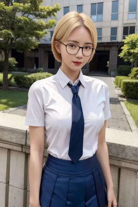 highres, <lora:shinoharaMariFrom_v10:0.5>, shinohara_mari,blonde hair, short hair, semi-rimless eyewear, glasses, school uniform, plain white shirt, blue skirt, blue necktie, necktie between breasts,

(masterpiece), (best quality),(ultra highres) ,(8k reso...