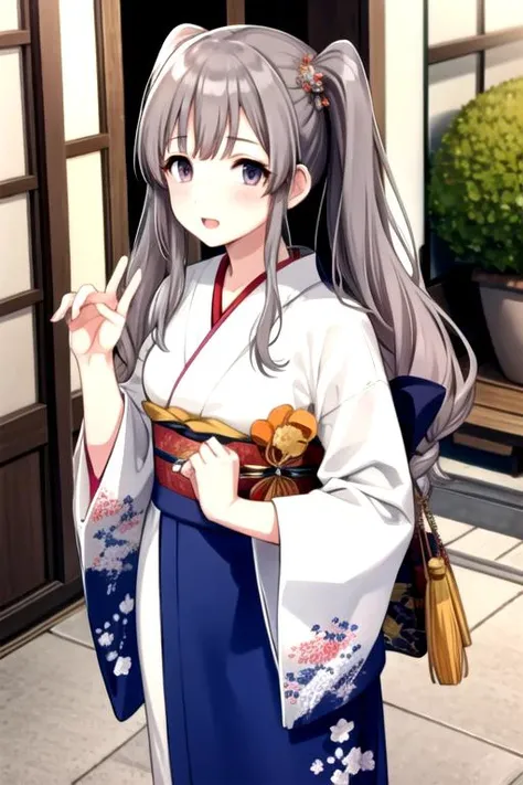 <lora:Kiriko-04:0.7>, kirikoimas, looking at viewer, twintails, braid, japanese clothes, wide sleeves, kimono, bag, sash, obi, fish, yukata, white kimono, goldfish