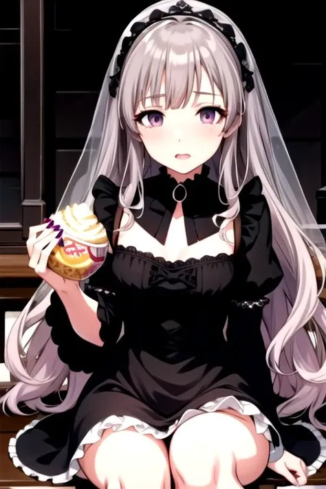 <lora:Kiriko-04:0.7>, kirikoimas, looking at viewer, open mouth,  long sleeves, dress, sitting,frills, food, puffy sleeves, nail polish, black dress, eating, frilled dress, juliet sleeves, black nails, veil, chocolate, gothic