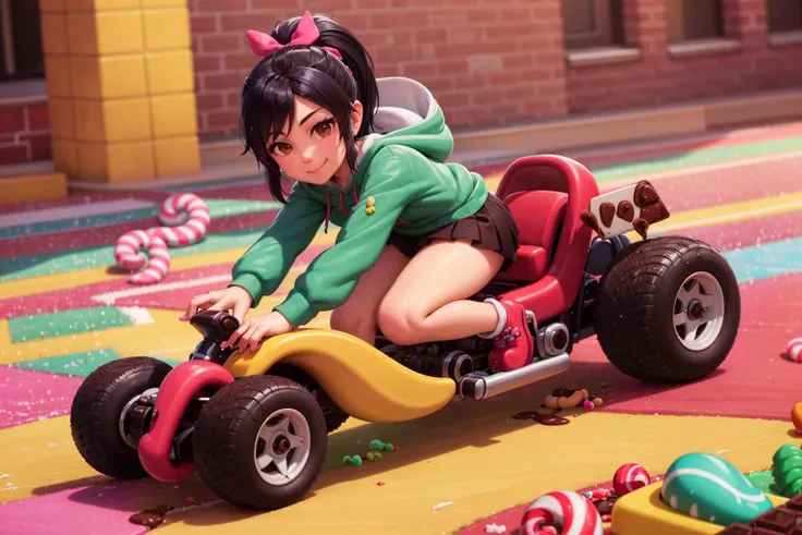 masterpiece, highres, photorealistic, picture, best quality, 8k, best quality, ultra-detailed, <lora:CHAR-Vanellope:0.5>, VanellopeVon, 1girl, solo,  (mario kart:1.3), kart, looking at viewer, bow, (green hoodie), black hair, brown eyes,ponytail, (candy:1....