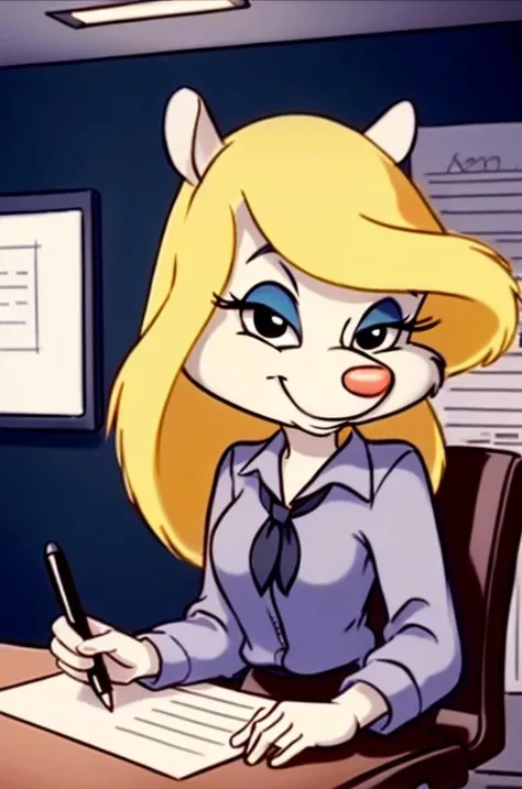 1girl, MinervaMinkCzar,(furry, furry female, full body), (animal ears, long tail, blonde tail, snout, swept bangs, long hair, blonde hair, makeup, black eyes, blue eyeshadow), (white blouse, button down shirt, pencil skirt, typing), (indoors, office, desk,...