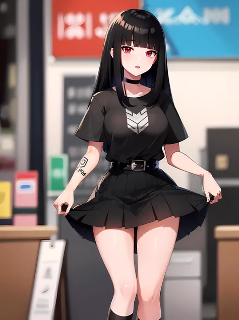 1girl, <lora:charlottefortnite:.8>, charlottefortnite, long hair, black hair, bangs, blunt bangs, red eyes, choker, red eyes, skirt, black skirt, black shirt, belt, kneehighs, tattoo, walking, upskirt