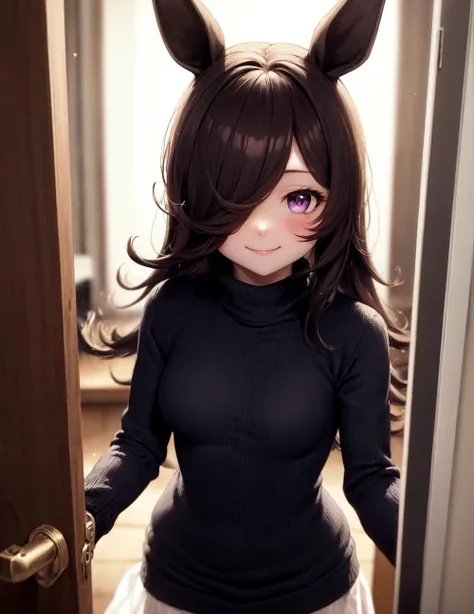 <lora:pov_doorway:1> pov doorway, 1girl, solo, standing, smile, closed mouth, cowboy shot, long hair, opening door, 
<lora:rice_showerBF16:1> rice shower (umamusume), horse ears, purple eyes, hair over one eye, sweater, (window:1.1), turtleneck, (small bre...