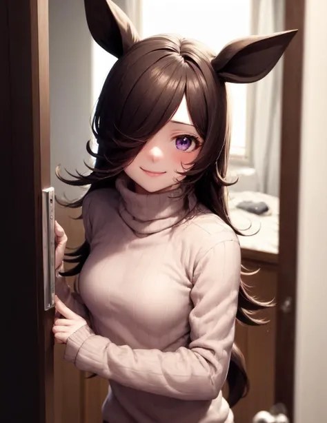 <lora:pov_doorway:1> pov doorway, 1girl, solo, standing, smile, closed mouth, cowboy shot, long hair, opening door, 
<lora:rice_showerBF16:1> rice shower (umamusume), horse ears, purple eyes, hair over one eye, sweater, (window:1.1), turtleneck, (small bre...