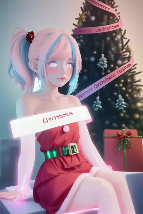 (Red Christmas dress:1.3), (sitting), Christmas hair ornament, (glowing Christmas tree:1.3), (blush:1.2), Innocent, (shy:1.2), cute, Flat, Medium hair, Skirt, masterpiece, best quality, (Side ponytail:1.1), (light pink hair:1.3), (gradient hair:1.0), white...