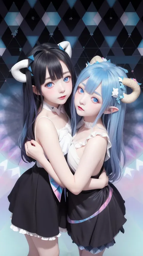 Blush, stockings, (Volumetric light:1.1), Dresses, (2girls:1.1), hug, Print, Black dress, (blue hair:1.2), (White horns blue eyes:1.3), innocent, masterpiece, best quality, Gradient hair, (Kaleidoscope  background:1.3)