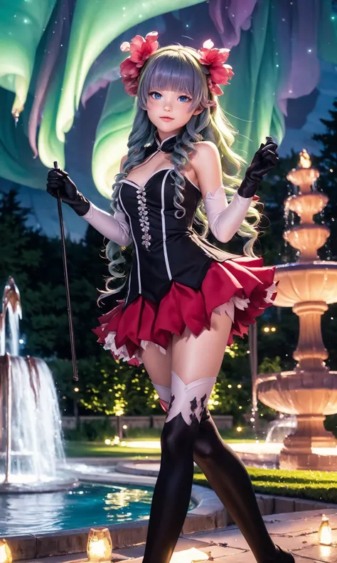 masterpiece, best quality,   (1 petite skinny girl In the garden),   (Starry sky, aurora borealis, fountains, light particles:1.1) , 
 <lora:ameth:0.9>, blue eyes, green hair, (black dress, red skirt, long hair, nimb:1.2), thighhighs,